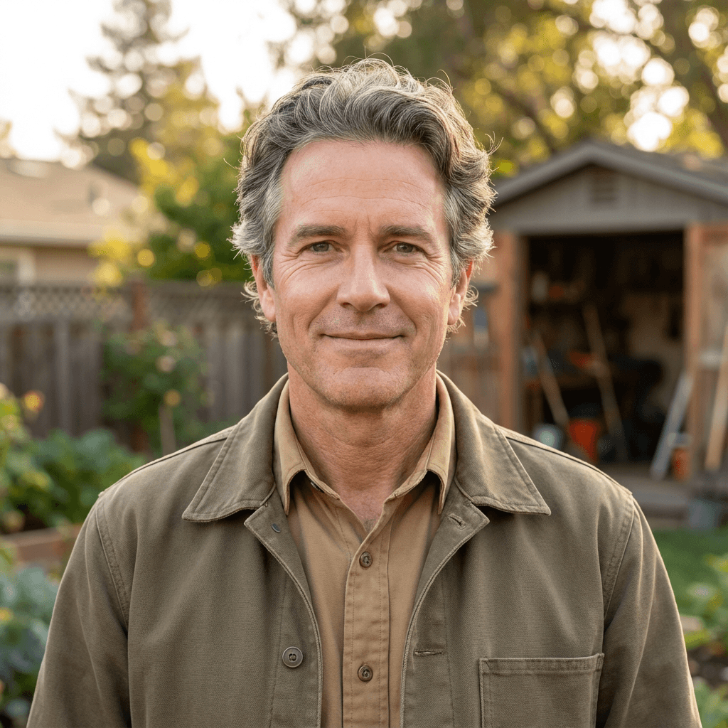 Father in his mid 40s with a thoughtful look in a bright kitchen