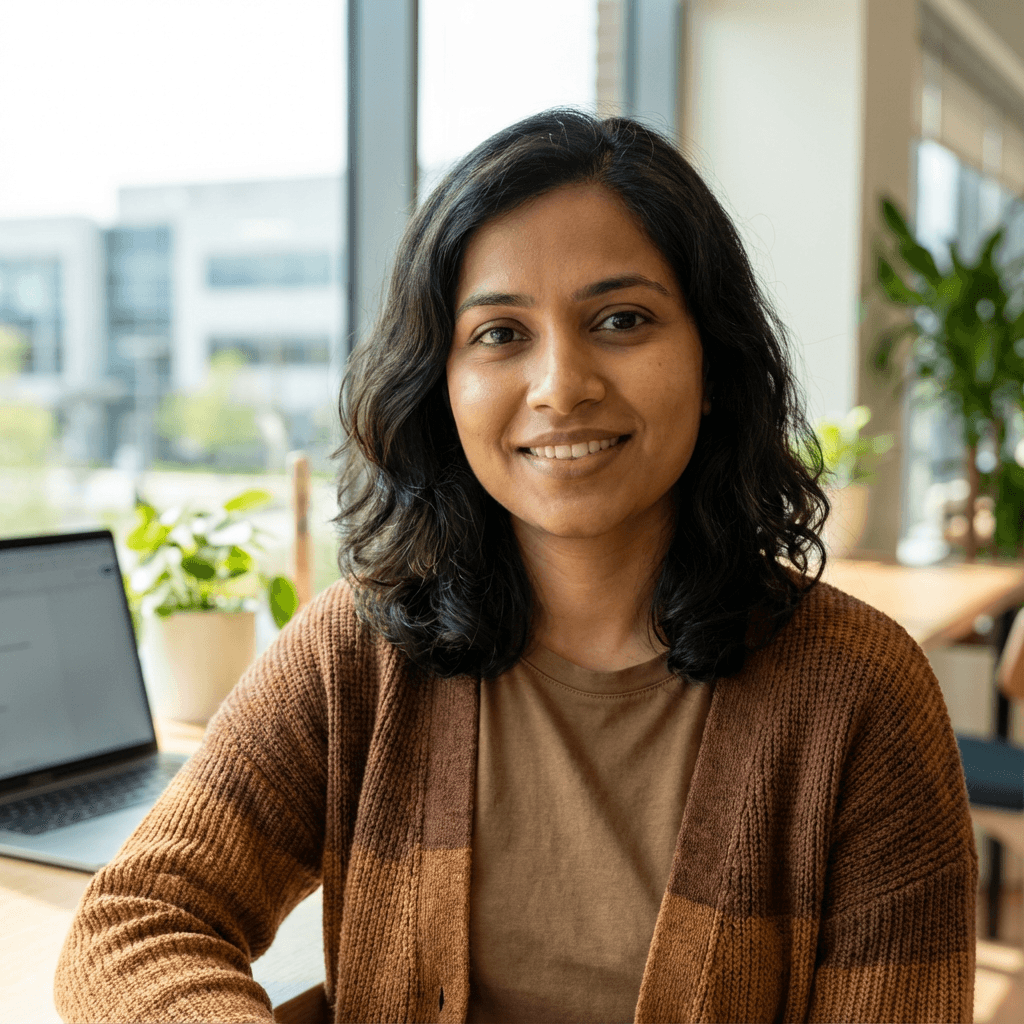 South Asian woman in her late 30s with a calm expression in a home office