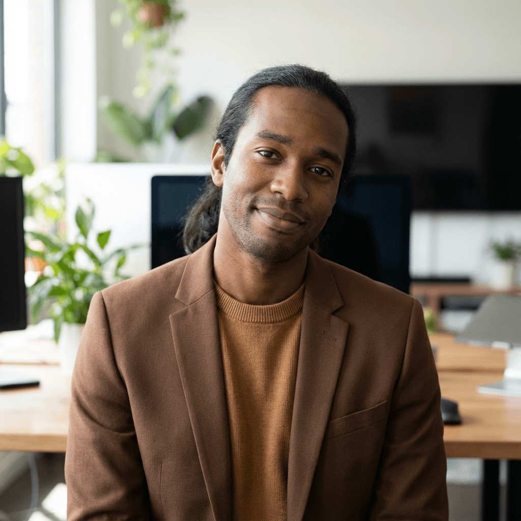 David Okafor with a thoughtful expression in a cozy home office
