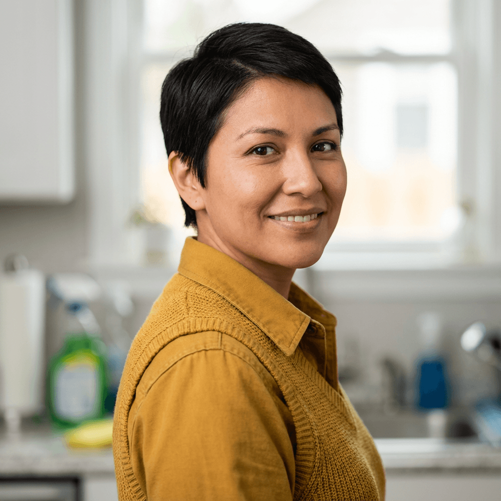 Elena Rodriguez smiling warmly in a family living room