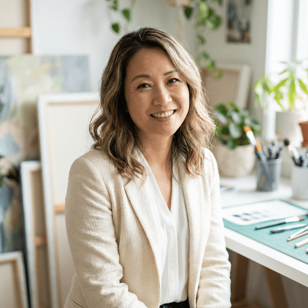 Margaret Chen looking calm and composed in a sunlit studio