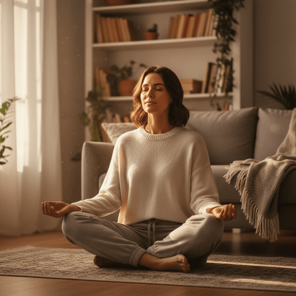 Woman meditating in a comfortable seated pose in a bright living room