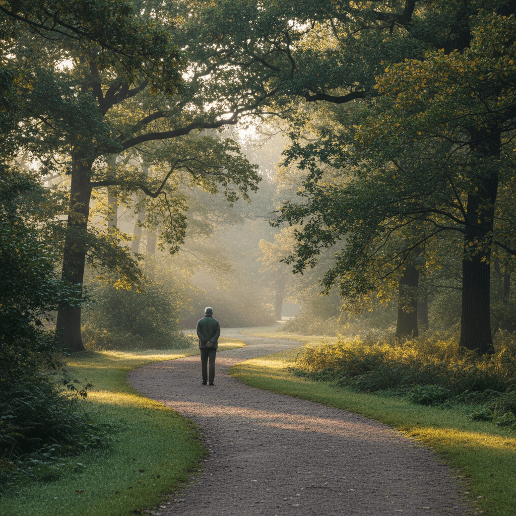 Peaceful park path with trees in soft morning light