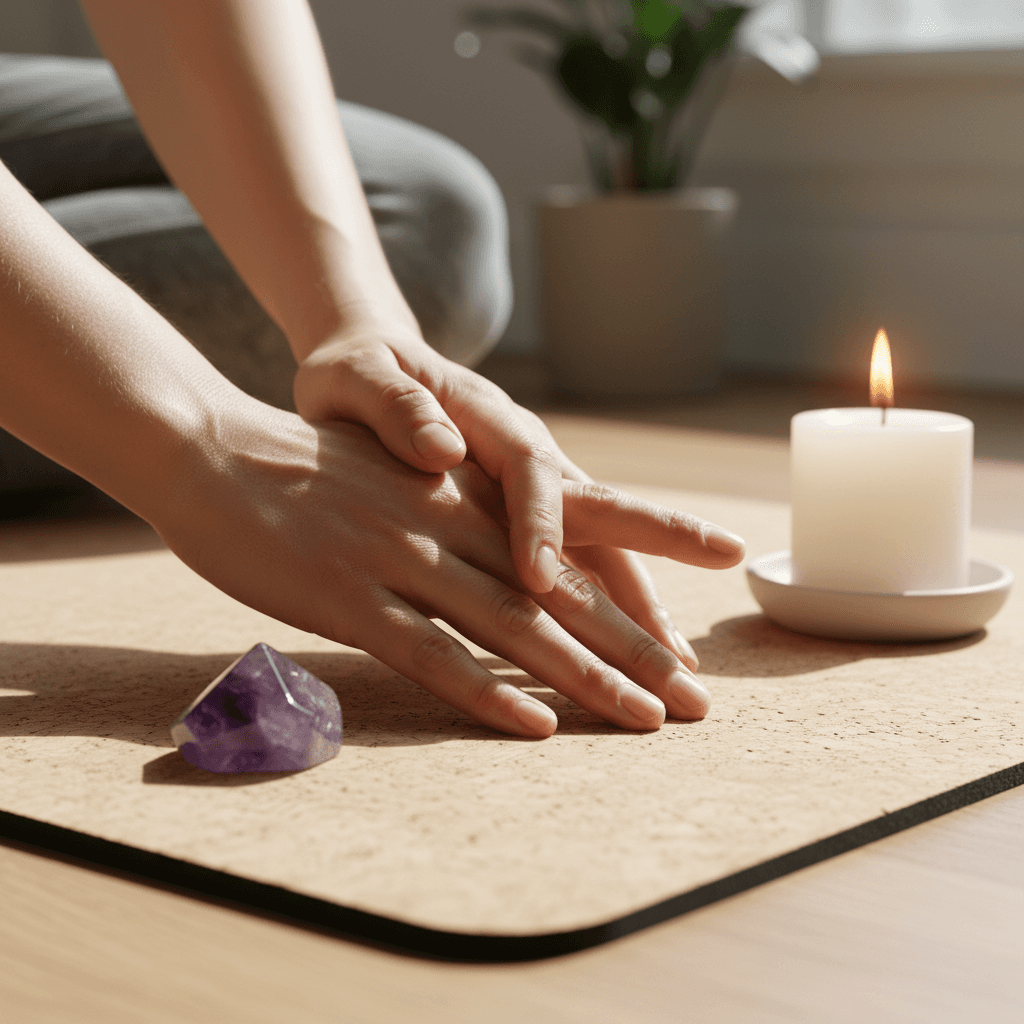 Hands resting on a yoga mat with a crystal and candle nearby