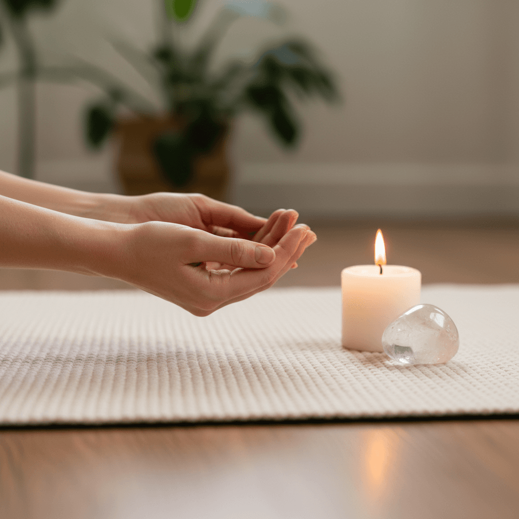 Hands on a yoga mat with a glowing candle and crystal nearby, conveying tranquility.