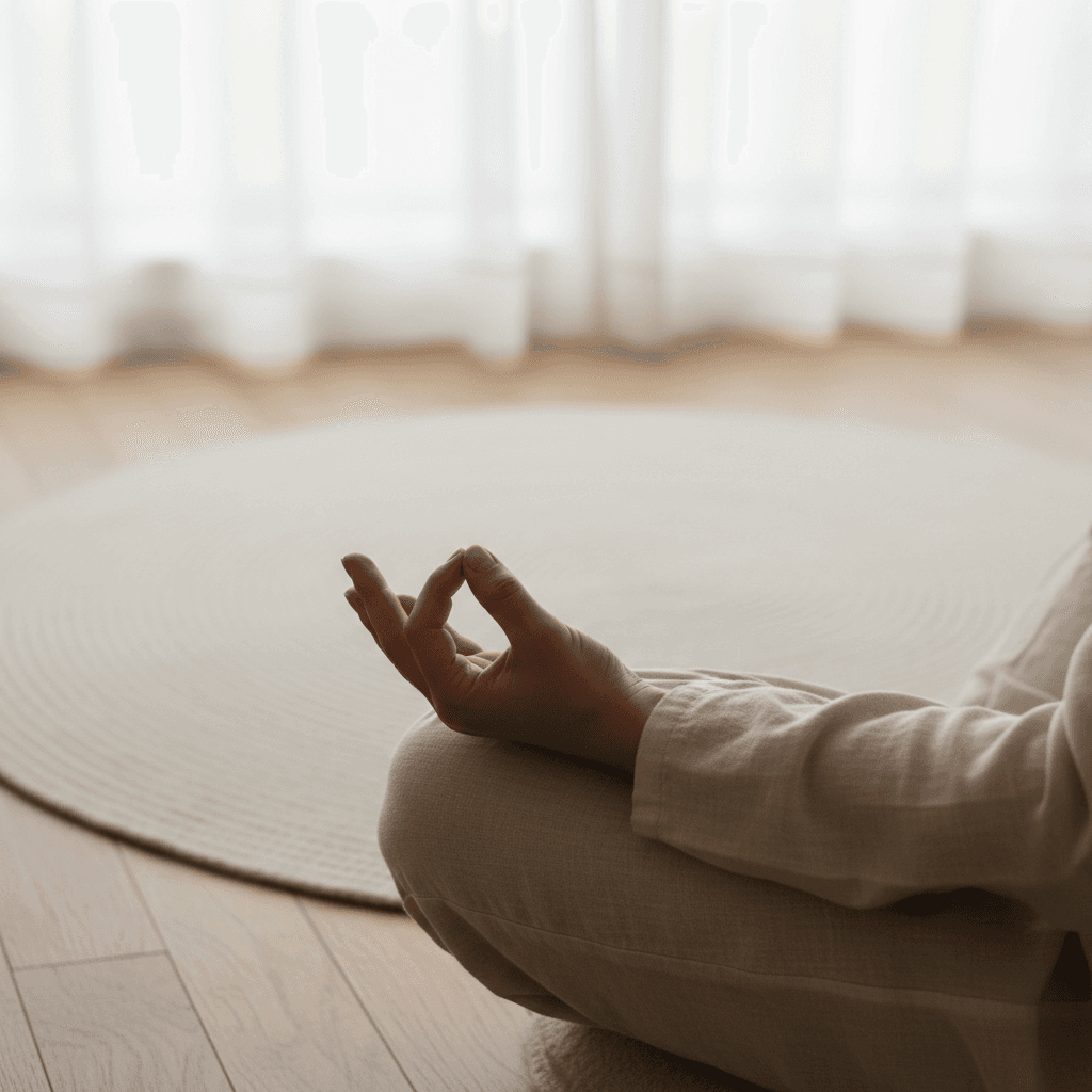 Practitioner's hands in mudra meditation gesture with soft natural light and wooden studio floor visible