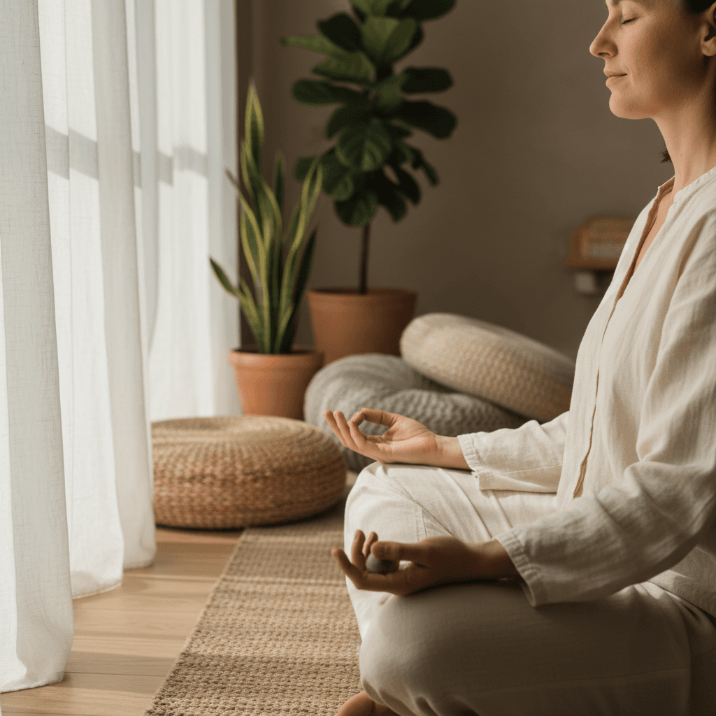 Teen sitting tall and easy on a mat, eyes closed