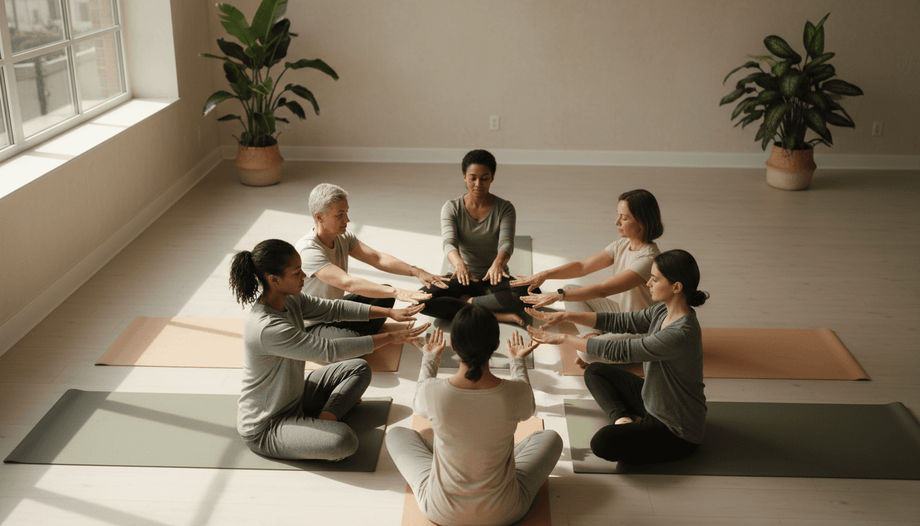 Teenagers sitting in a circle practicing a group breathing exercise