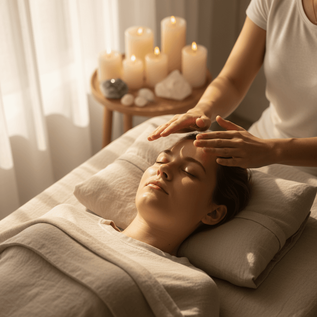 Woman with eyes closed during a Reiki session, hands resting gently