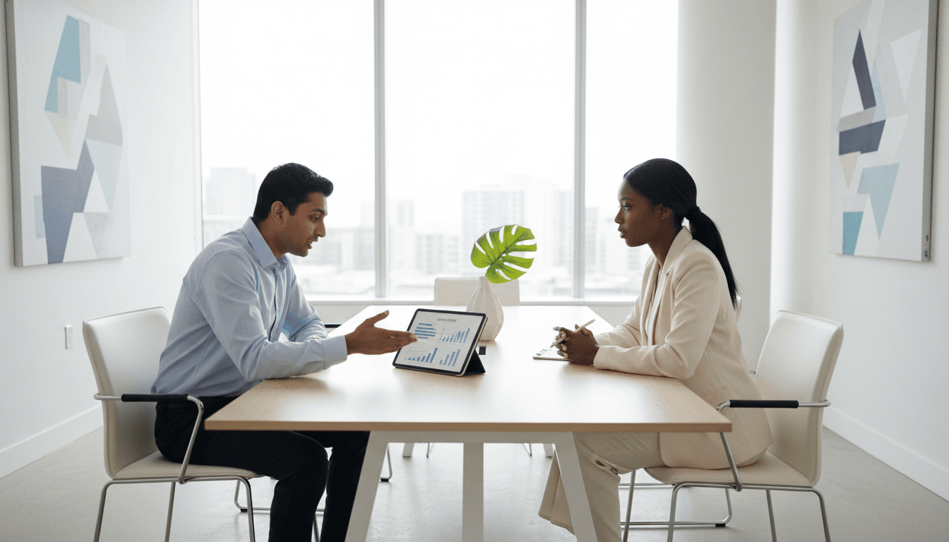 Professional consultant and client meeting in modern conference room, discussing services with tablet displaying customer information