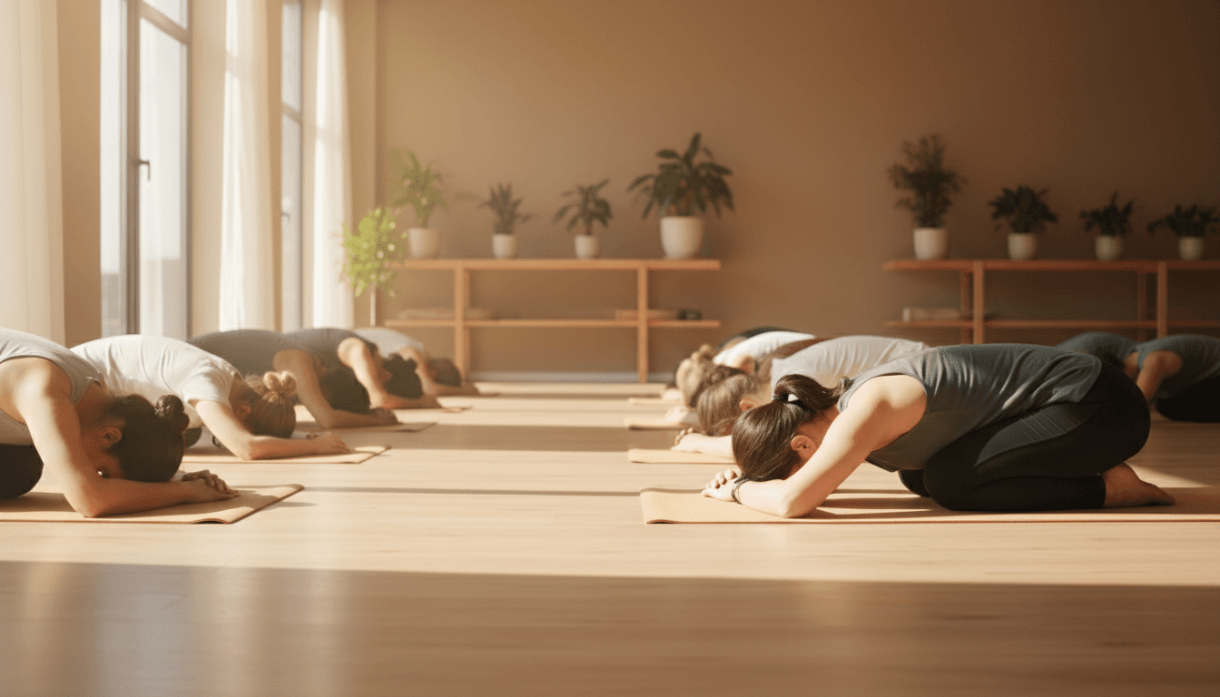 Diverse group of yoga practitioners in child's pose during class, with natural sunlight streaming through studio windows and green plants in background