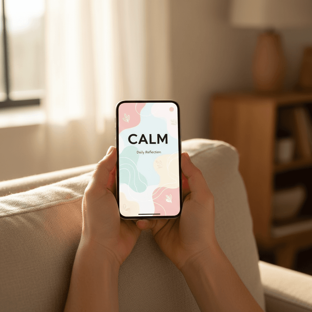 Close-up of hands holding smartphone displaying wellness app interface in warm natural light on comfortable couch