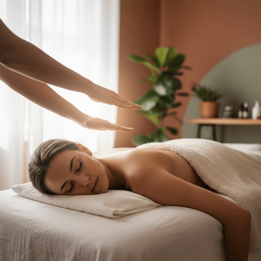Practitioner's hands positioned above relaxed client during energy healing session with soft natural lighting
