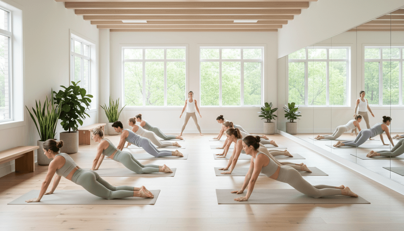 Pilates class with mats and small balls