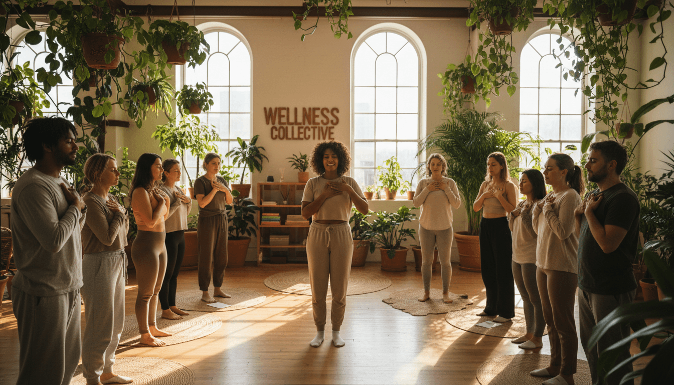 Diverse group participating in guided breathing and mindfulness workshop led by instructor in plant-filled wellness studio