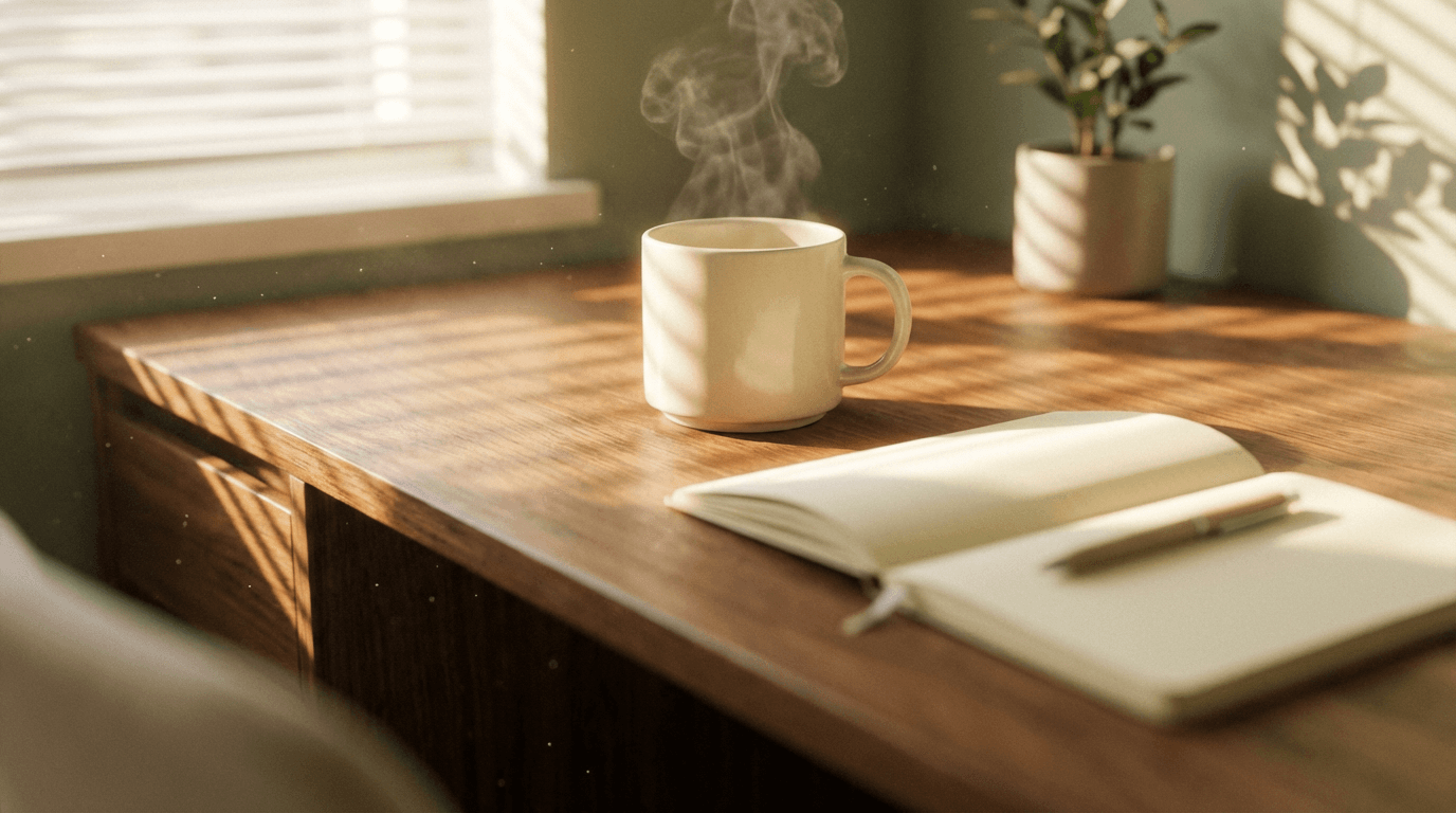 Sunlit desk with steaming mug and notebook, soft window shadows, green plant in background, warm and inviting.