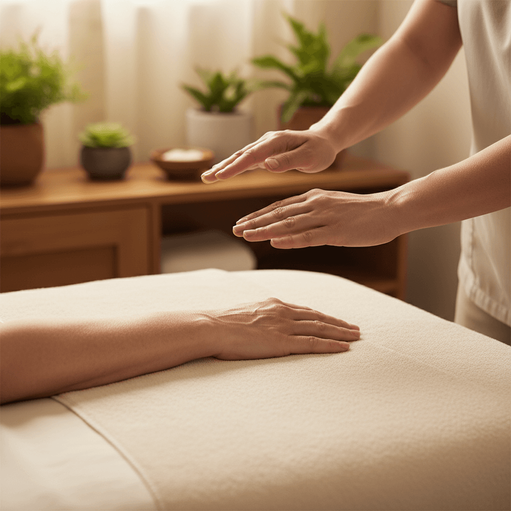 Person resting peacefully during a Reiki session
